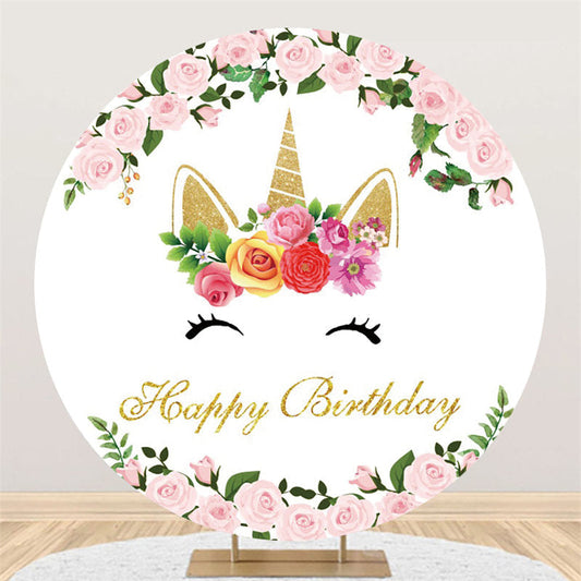 Lofaris Unicorn Pink Flower Happy Birthday Circle Backdrop