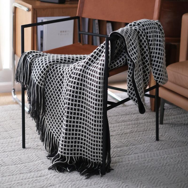 Lofaris Waffle Plaid Knitted Simple Black And White Soft Throw Blanket