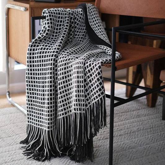 Lofaris Waffle Plaid Knitted Simple Black And White Soft Throw Blanket