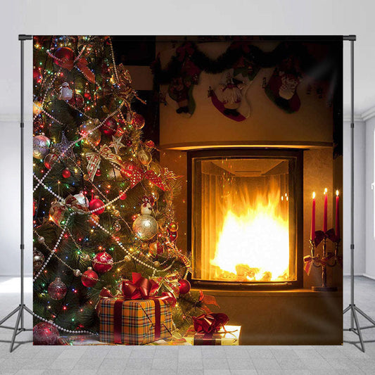 Lofaris Warm Fireplace Christmas Tree Backdrop for Photoshoot