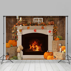 Lofaris Warm Fireplace Pumpkin Family Thanksgiving Day Backdrop