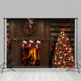 Load image into Gallery viewer, Lofaris Warmful Houses With Stocks And Christmas Tree Backdrop