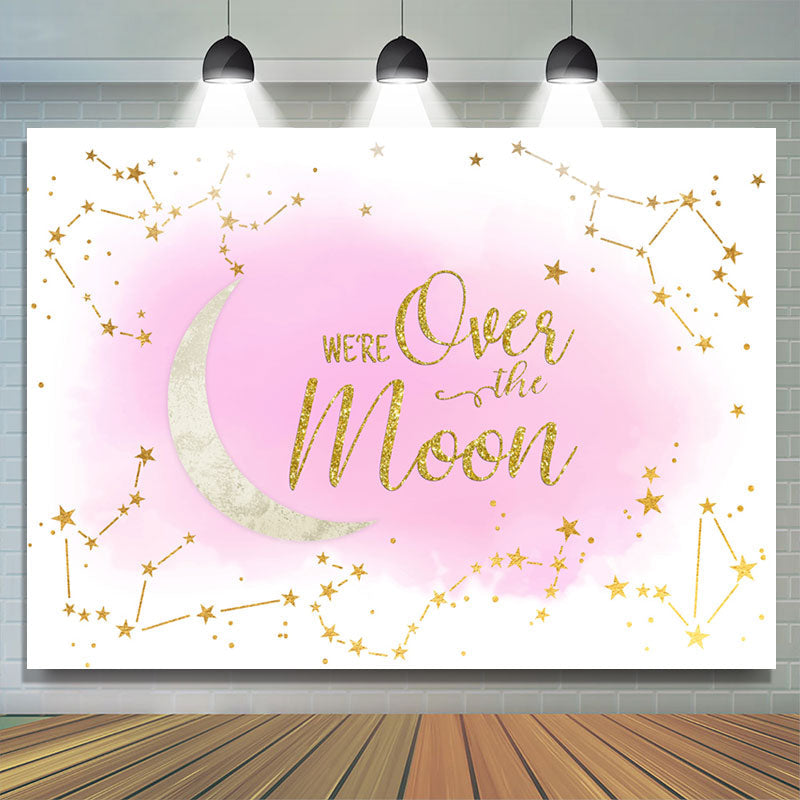 Lofaris We Are Over The Moon Pink Glitter Baby Shower Backdrop
