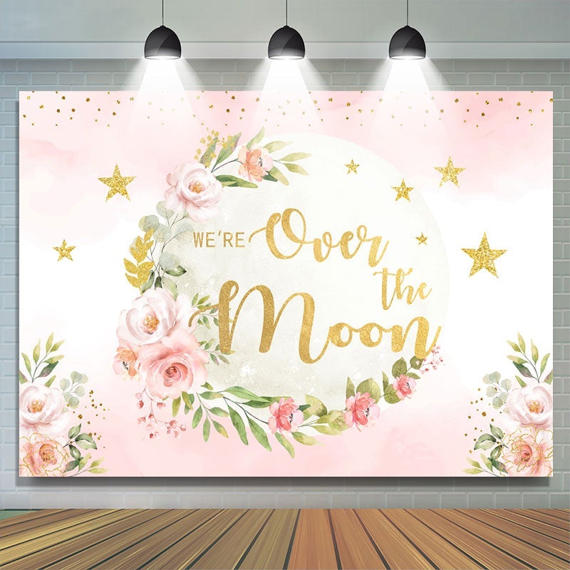 Lofaris We Are Over The Moon Pinl Glitter Baby Shower Backdrop