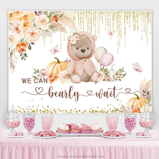 Lofaris We Can Bearly Wait Light Khaki Floral Baby Shower Backdrop