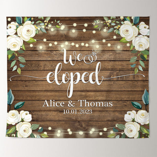 Lofaris We Eloped White Rose Country Wooden Wedding Backdrop