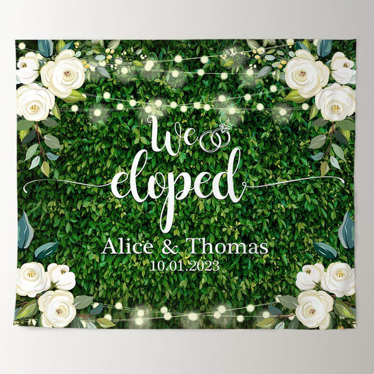 Lofaris We Eloped White Rose Greenery Leaves Wedding Backdrop