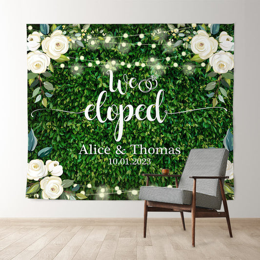 Lofaris We Eloped White Rose Greenery Leaves Wedding Backdrop