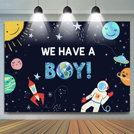 Lofaris We Have A Boy Cartoon Outer Space Rocket Astronaut Backdrop