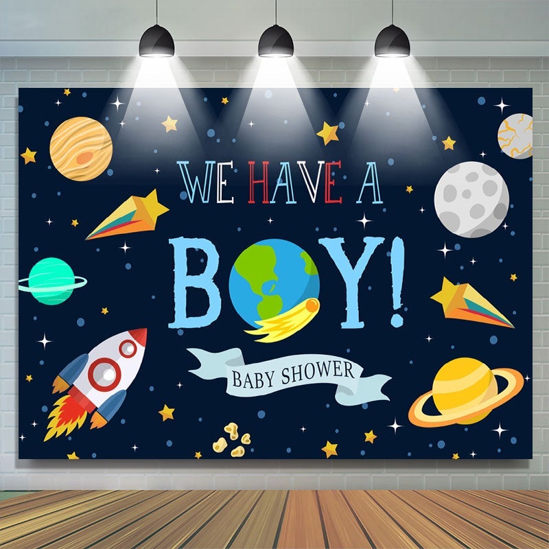 Lofaris We Have A Boy Space Theme Baby Shower Backdrop For