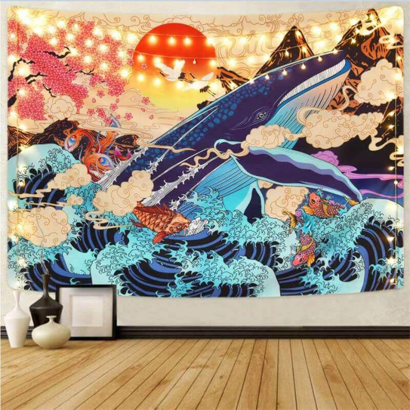 Lofaris Whales And Waves Trippy Fairytale Novelty Wall Tapestry