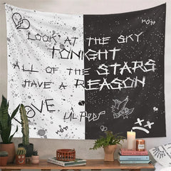 Lofaris White And Black Sky Stars Text Voguish Wall Tapestry