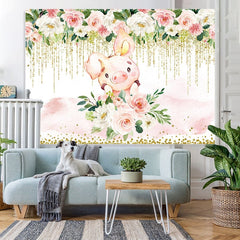 Lofaris White and pink floral cute pig baby shower backdrop