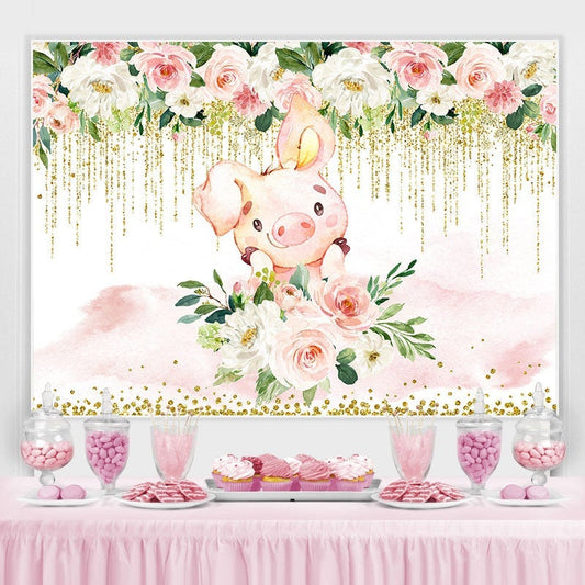Lofaris White and pink floral cute pig baby shower backdrop