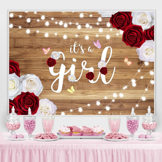 Lofaris White And Red Rose Glitter Wooden Baby Shower Backdrop