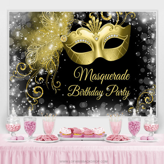Lofaris White Black Golden Masquerade Happy Birthday Backdrop