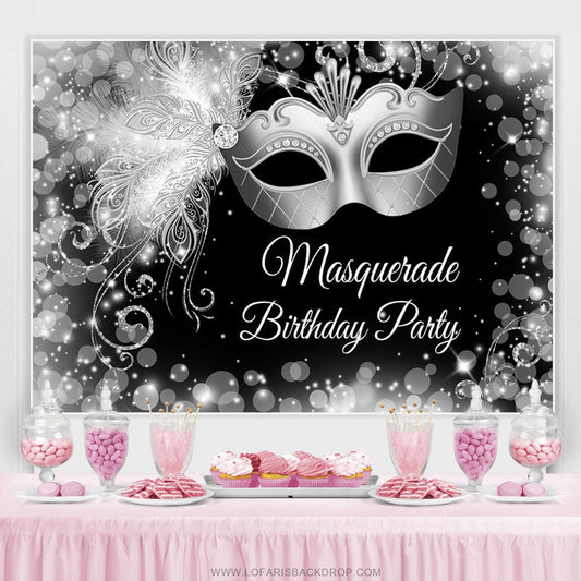 Lofaris White Black Silver Masquerade Happy Birthday Backdrop