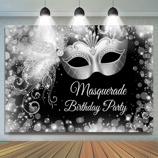 Lofaris White Black Silver Masquerade Happy Birthday Backdrop