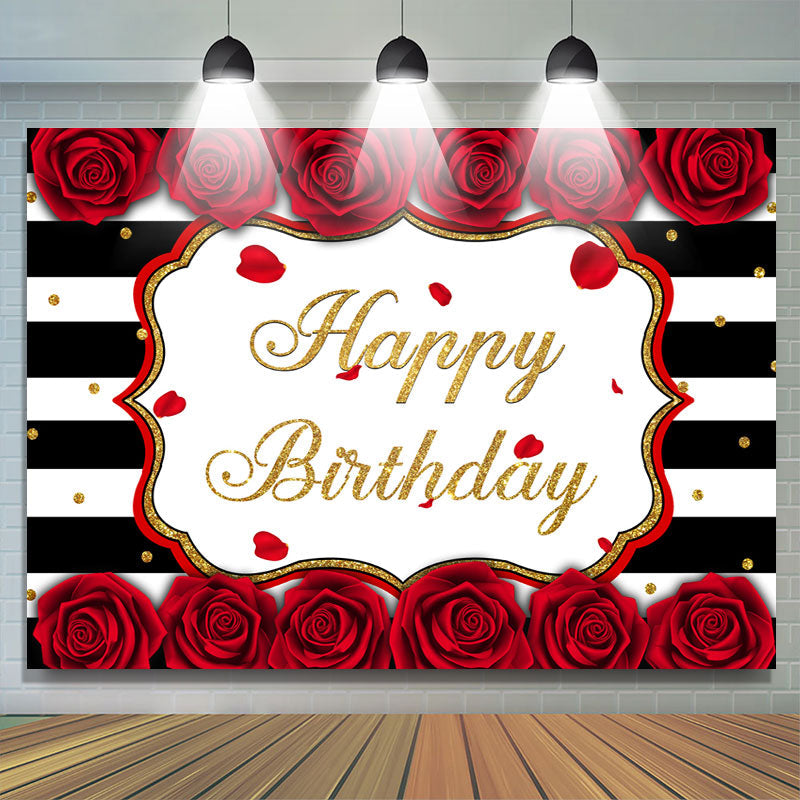 Lofaris White-Black Stripes And Rose Happy Birthday Backdrop