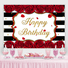 Lofaris White-Black Stripes And Rose Happy Birthday Backdrop