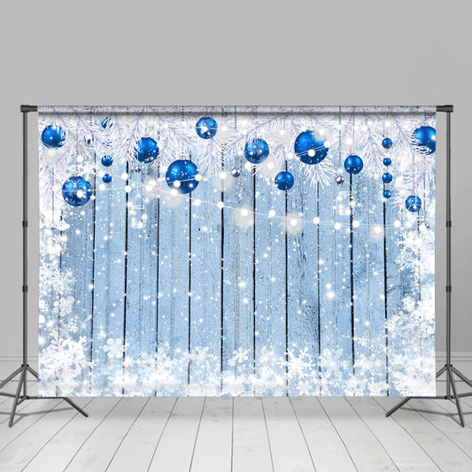 Lofaris White Blue Christmas Ball Wooden Snowy Winter Backdrop