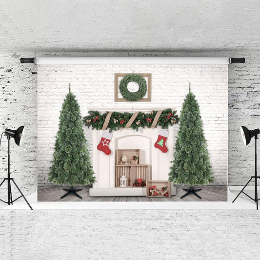 Lofaris White Brick Christmas Wreath Tree Backdrop