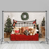 Load image into Gallery viewer, Lofaris White Bricks And Bed With Pillows Teddy Bear Backdrop