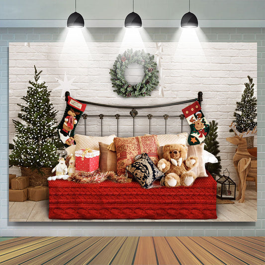 Lofaris White Bricks And Bed With Pillows Teddy Bear Backdrop