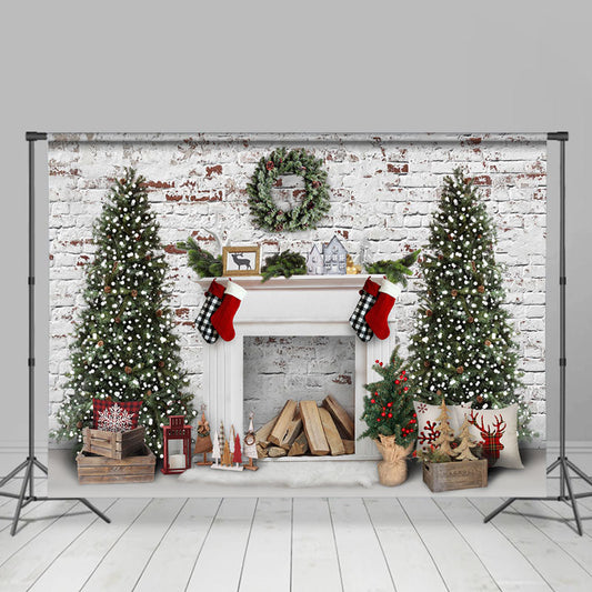 Lofaris White Bricks And Fireplace Christmas Tree Backdrop