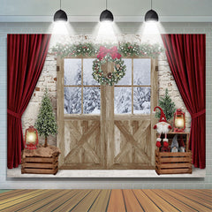Lofaris White Bricks With Red Curtain Christmas Winter Backdrop