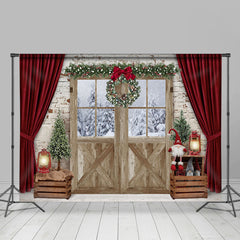 Lofaris White Bricks With Red Curtain Christmas Winter Backdrop