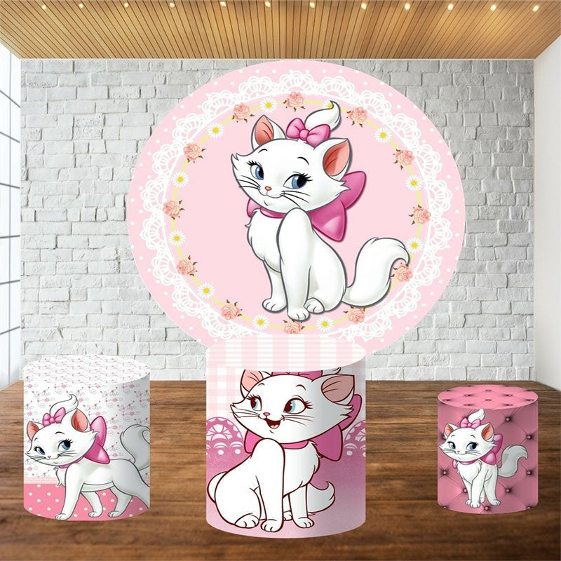 Lofaris White Cat And Pink Floral Round Birthday Backdrop Kit