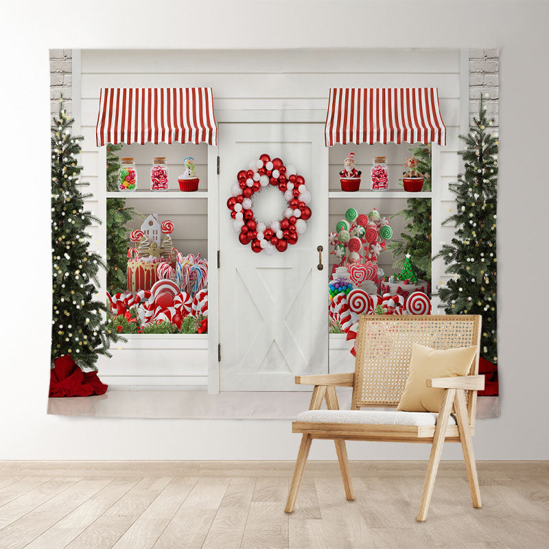 Lofaris White Christmas Store With Gifts And Lollipops Backdrop