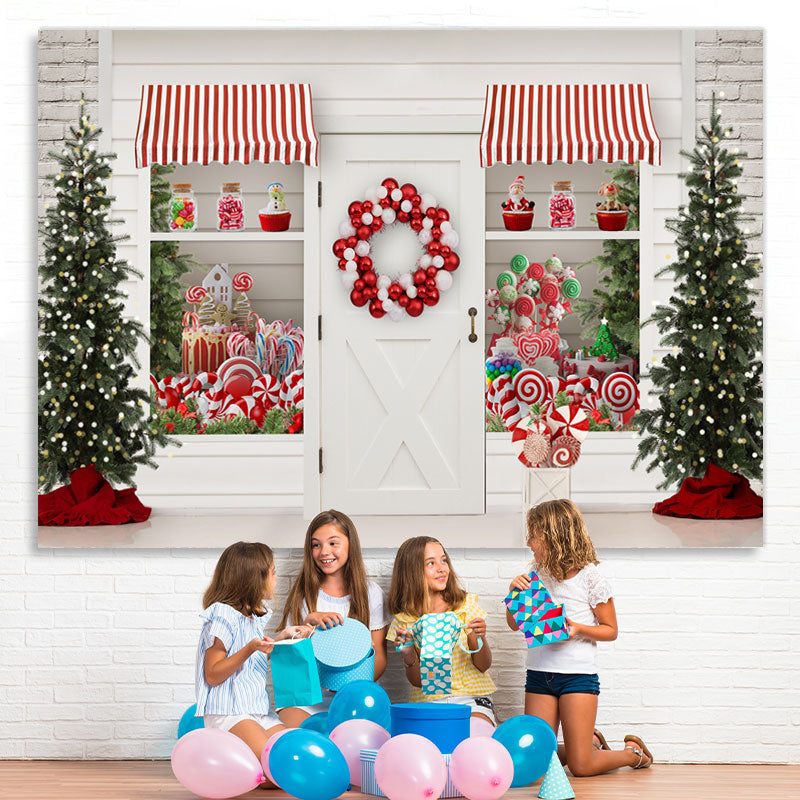 Lofaris White Christmas Store With Gifts And Lollipops Backdrop