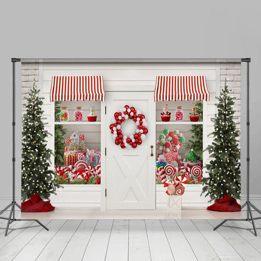 Lofaris White Christmas Store With Gifts And Lollipops Backdrop