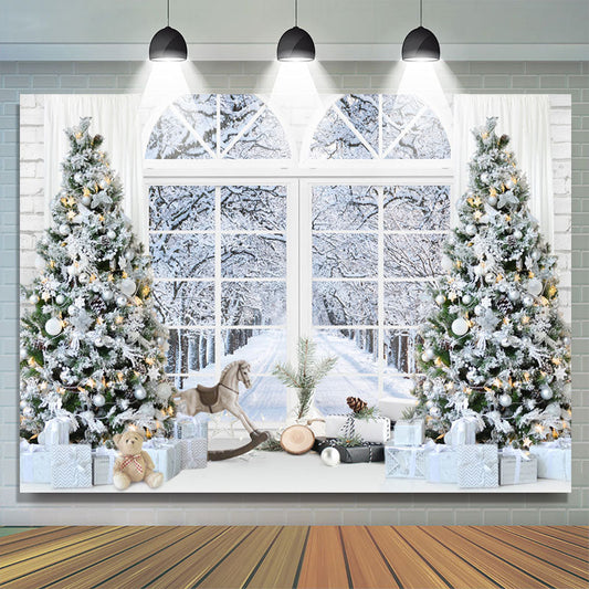 Lofaris White Christmas Trees Window With Snowy Scene Backdrop