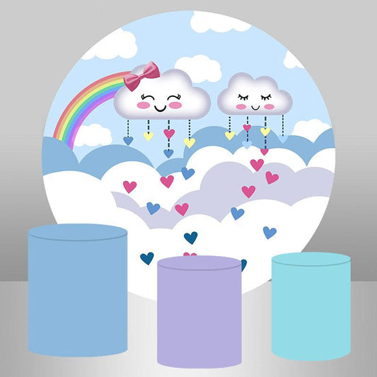 Lofaris White Clouds And Rainbow Round Birthday Party Backdrop