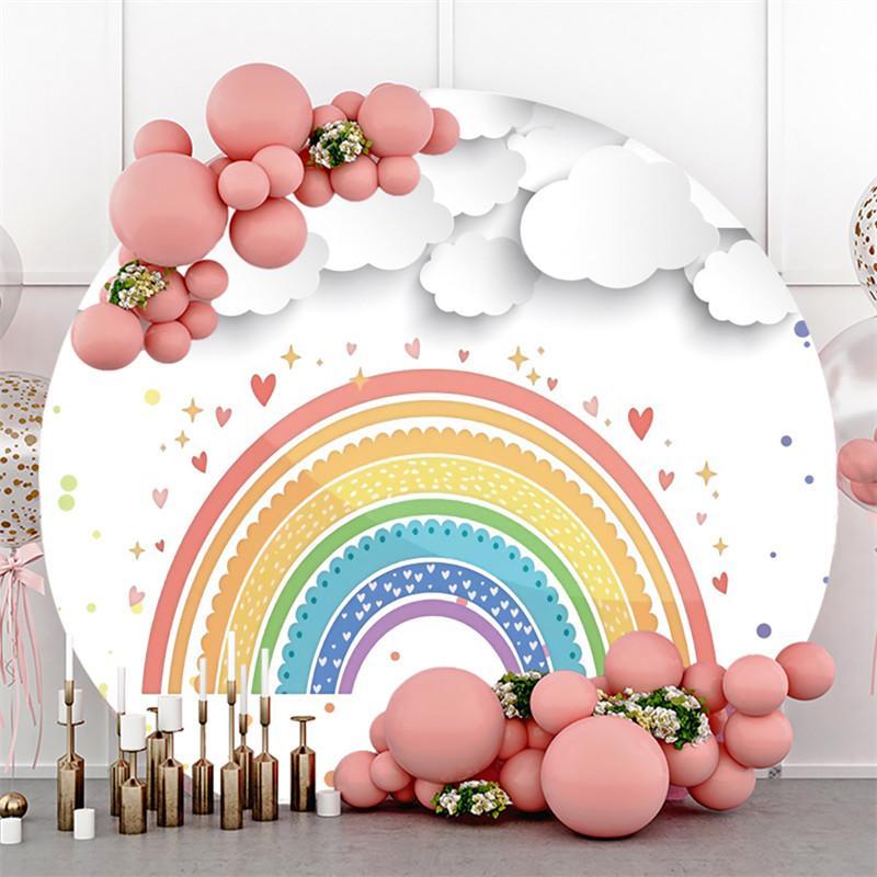 Lofaris White Clouds With Rainbow Circlr Birthday Backdrop