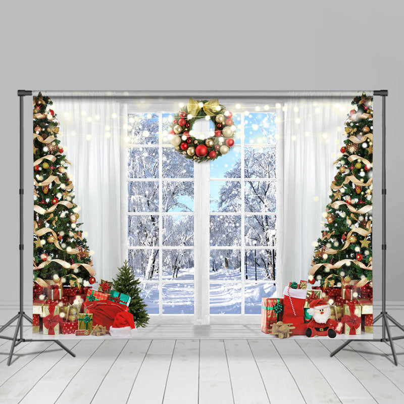 Lofaris White Curtain And Winter Forest Theme Christmas Backdrop