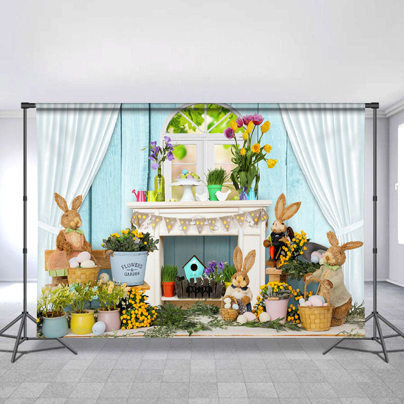 Lofaris White Curtain Blue Wall Rabbit Happy Easter Backdrop