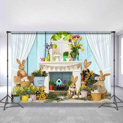 Lofaris White Curtain Blue Wall Rabbit Happy Easter Backdrop