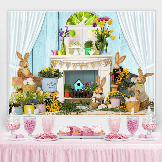Lofaris White Curtain Blue Wall Rabbit Happy Easter Backdrop
