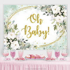 Lofaris White Floral And Green Leaves Gold Baby Shower Backdrop