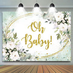 Lofaris White Floral And Green Leaves Gold Baby Shower Backdrop
