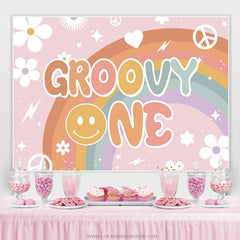 Lofaris White Floral And Rainbow Pink Groovy One Birthday Backdrop
