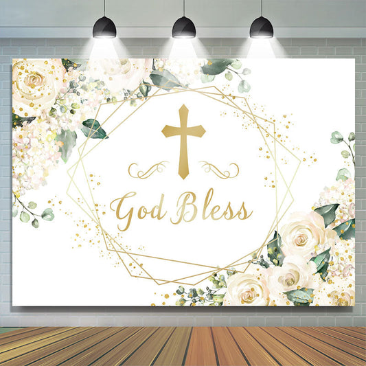 Lofaris White Floral God Bless Baby Shower Backdrop Decoration
