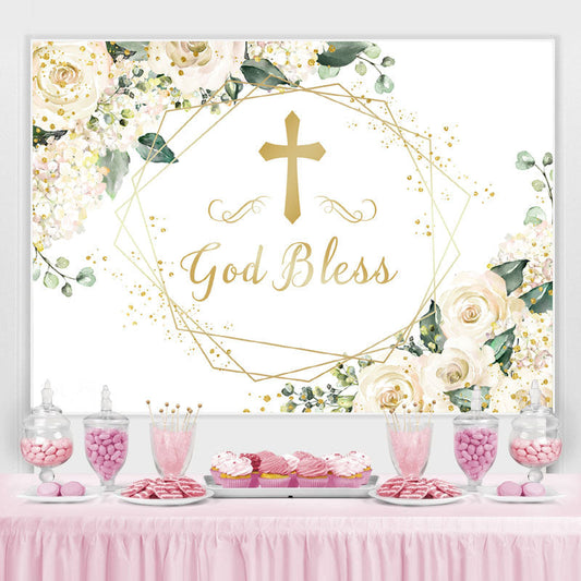 Lofaris White Floral God Bless Baby Shower Backdrop Decoration