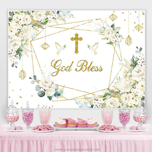 Lofaris White Floral Gold Glitter God Bless Baby Shower Backdrop