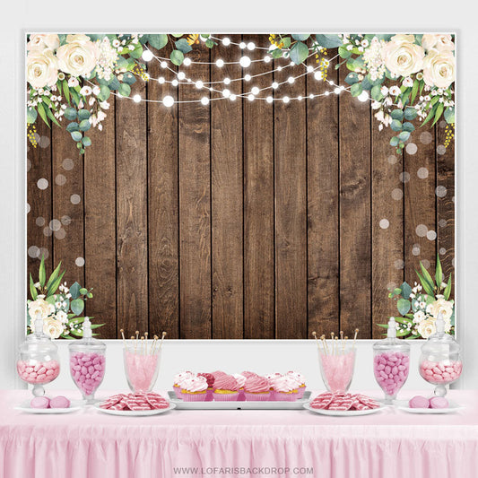 Lofaris White Floral Green Leaf Brown Wood Birthday Backdrop