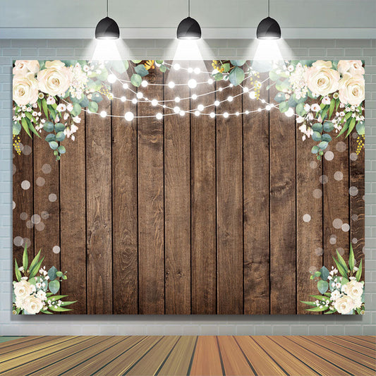 Lofaris White Floral Green Leaf Brown Wood Birthday Backdrop
